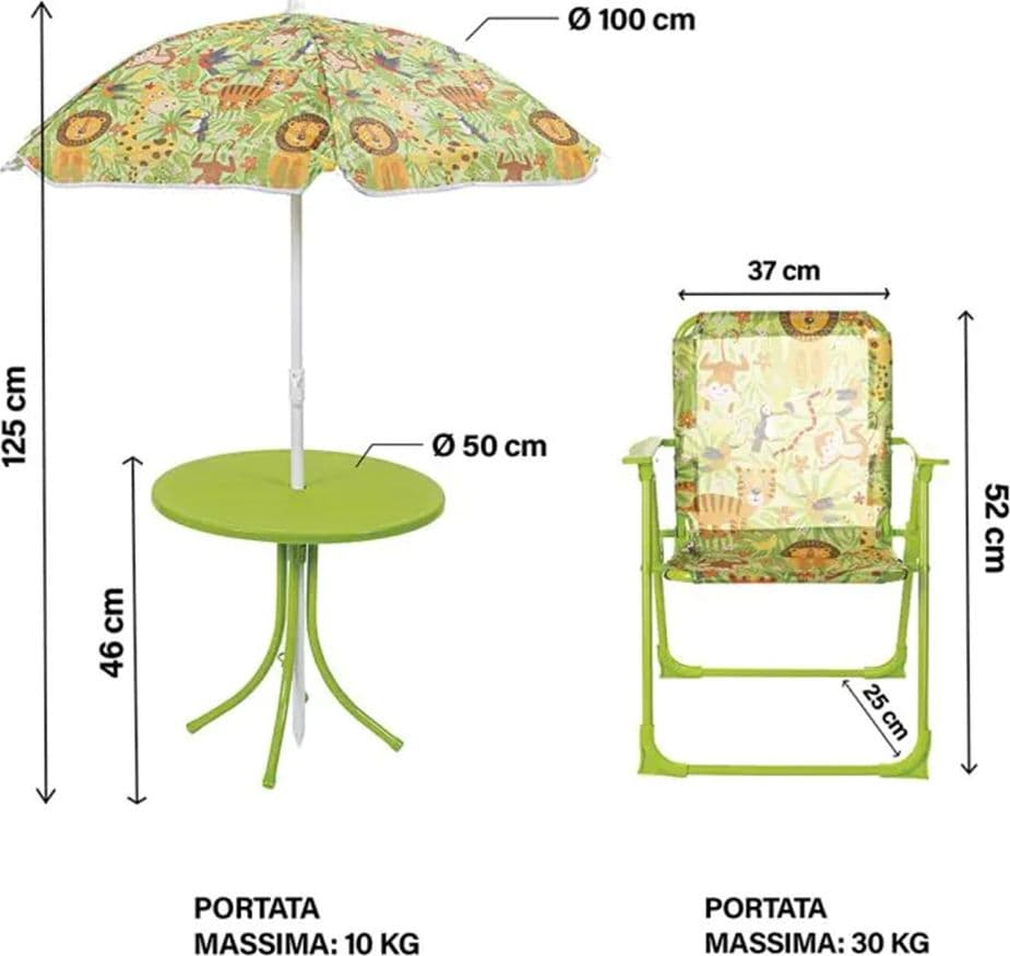 SET DA GIARDINO PER BAMBINI CON TAVOLINO ROTONDO SEDIE PIEGHEVOLI OMBRELLONE VERDE 529028 - 3
