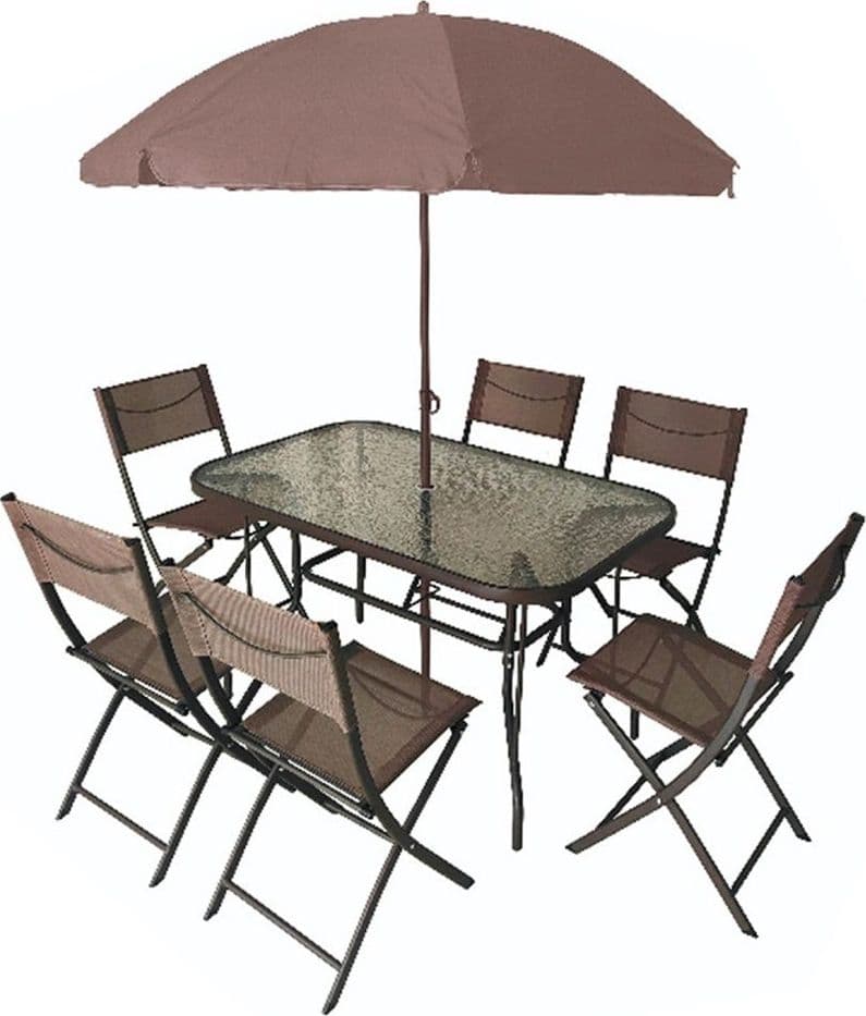 SET GIARDINO AMALFI CON TAVOLO RIPIANO VETRO 6 SEDIE PIEGHEVOLI OMBRELLONE MARRONE 529010