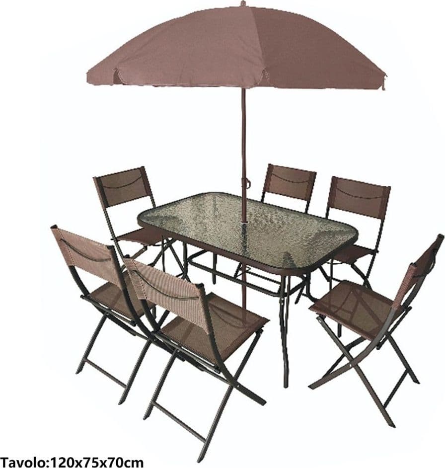 SET GIARDINO AMALFI CON TAVOLO RIPIANO VETRO 6 SEDIE PIEGHEVOLI OMBRELLONE MARRONE 529010 - 2