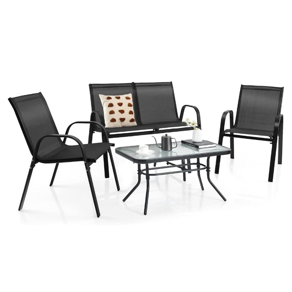 SET 4PZ DA GIARDINO SALOTTO CAPRI CON 2 SEDIE TAVOLINO CON PIANO VETRO DIVANO NERO 529013