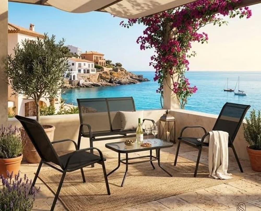 SET 4PZ DA GIARDINO SALOTTO CAPRI CON 2 SEDIE TAVOLINO CON PIANO VETRO DIVANO NERO 529013 - 3