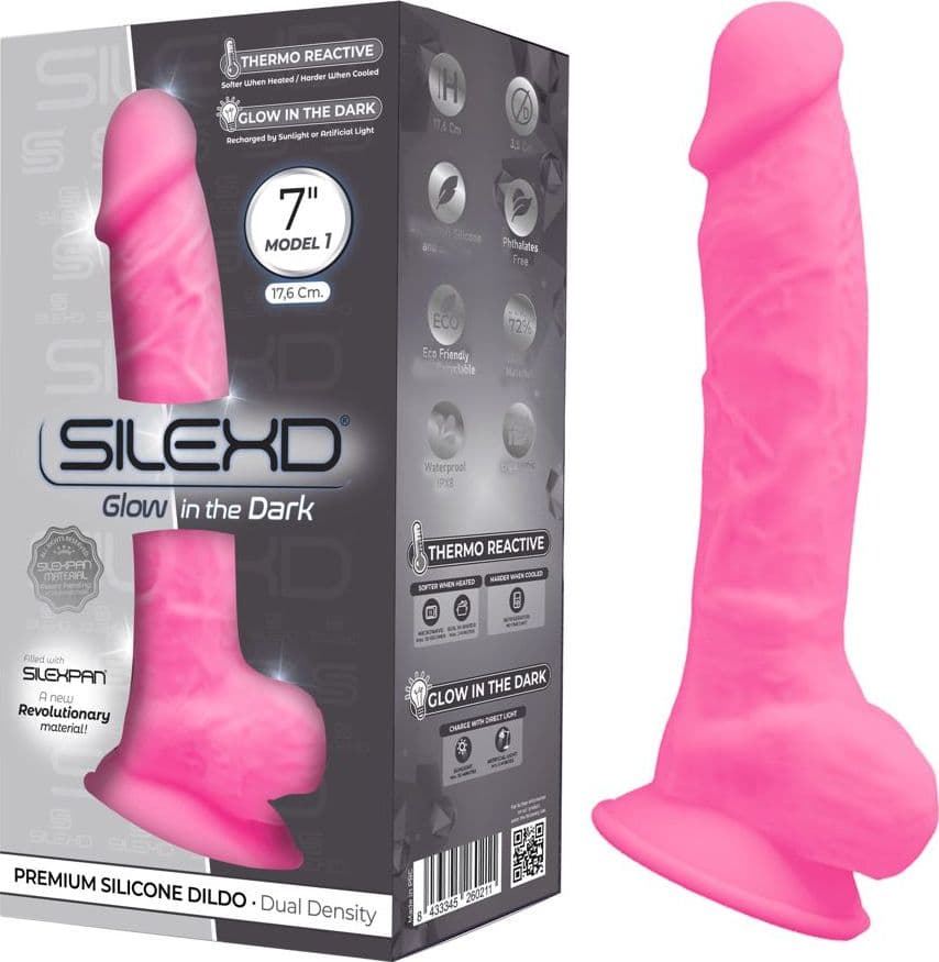 260211 SilexD MODEL 1 - 7" PINK GLOW IN THE DARK FALLO REALISTICO PENE ARTIFICIALE DILDO IN SILICONE MEMORY VIOLA TERMOREATTIVO CM 18