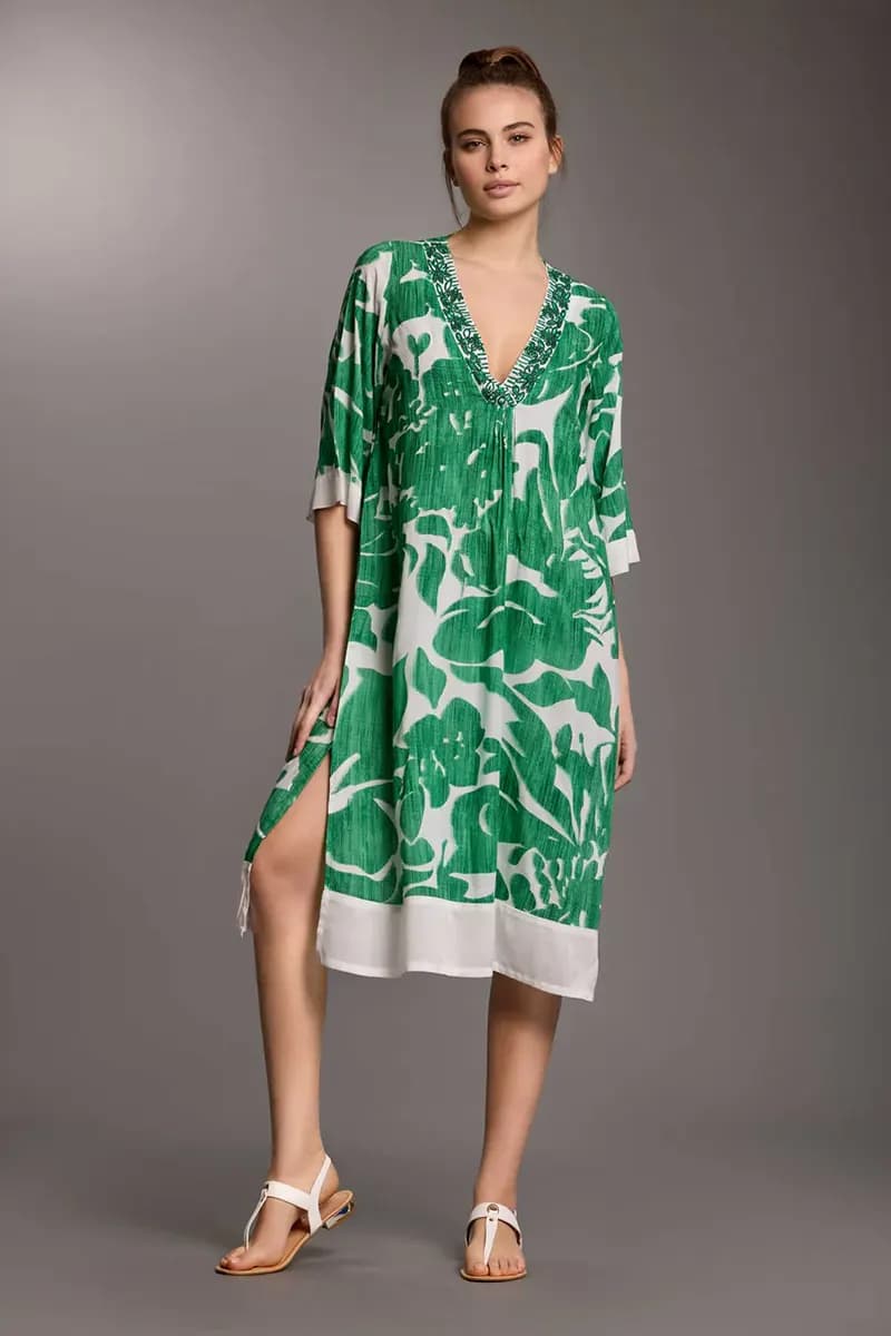 ICONIQUE | Kaftano scollo v con spacco fantasia tropical - 2