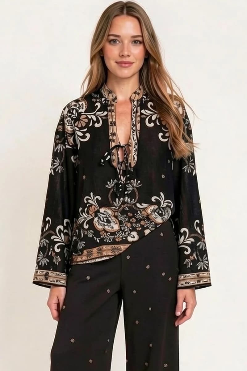Blusa fantasia maniche lunghe con fiocco | TWINSET - 2