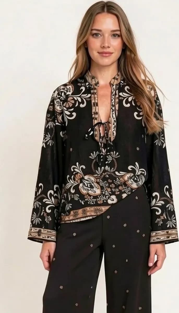 Blusa fantasia maniche lunghe con fiocco | TWINSET