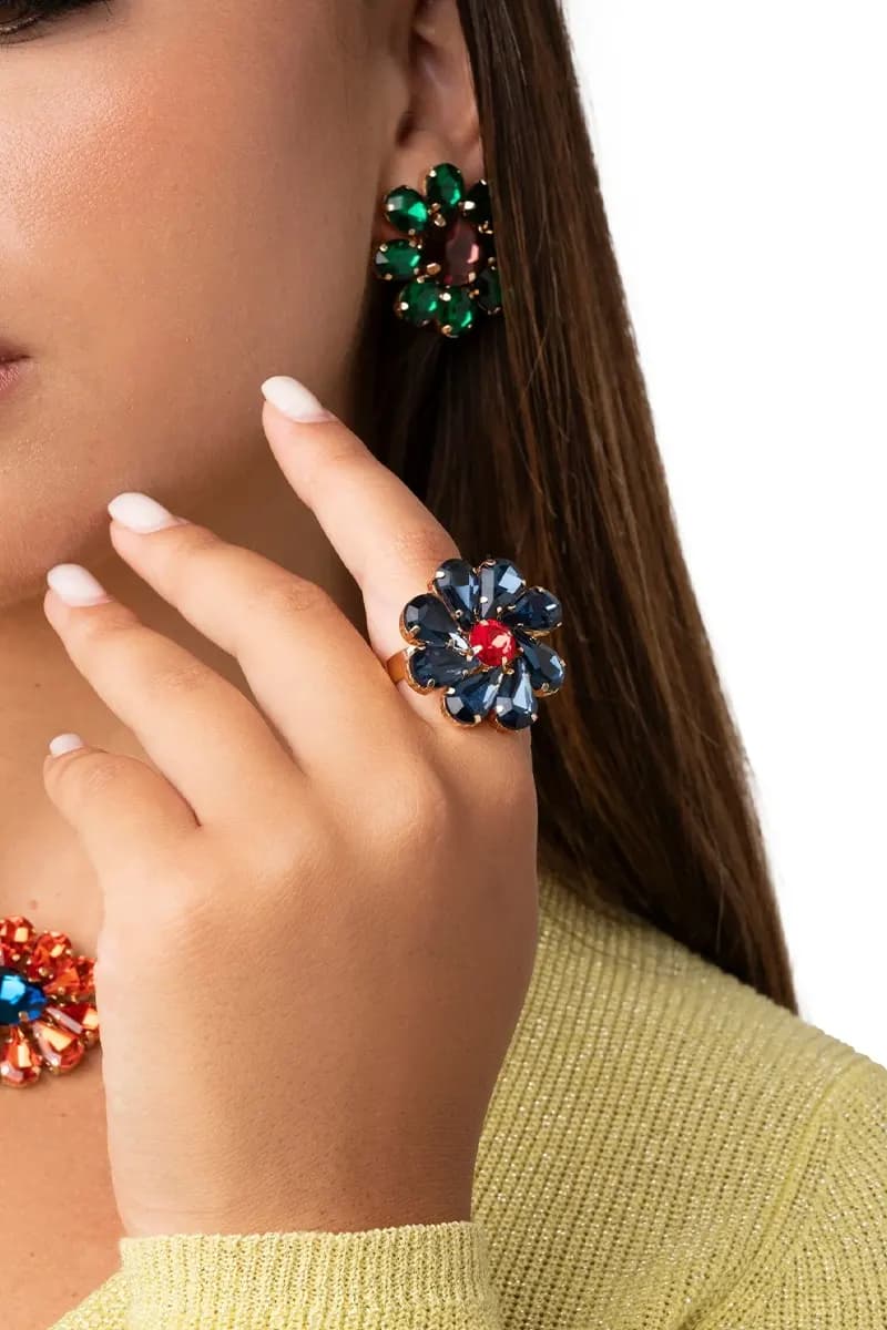 MYA ACCESSORIES | Anello in metallo regolabile con fiore in vetro - 3