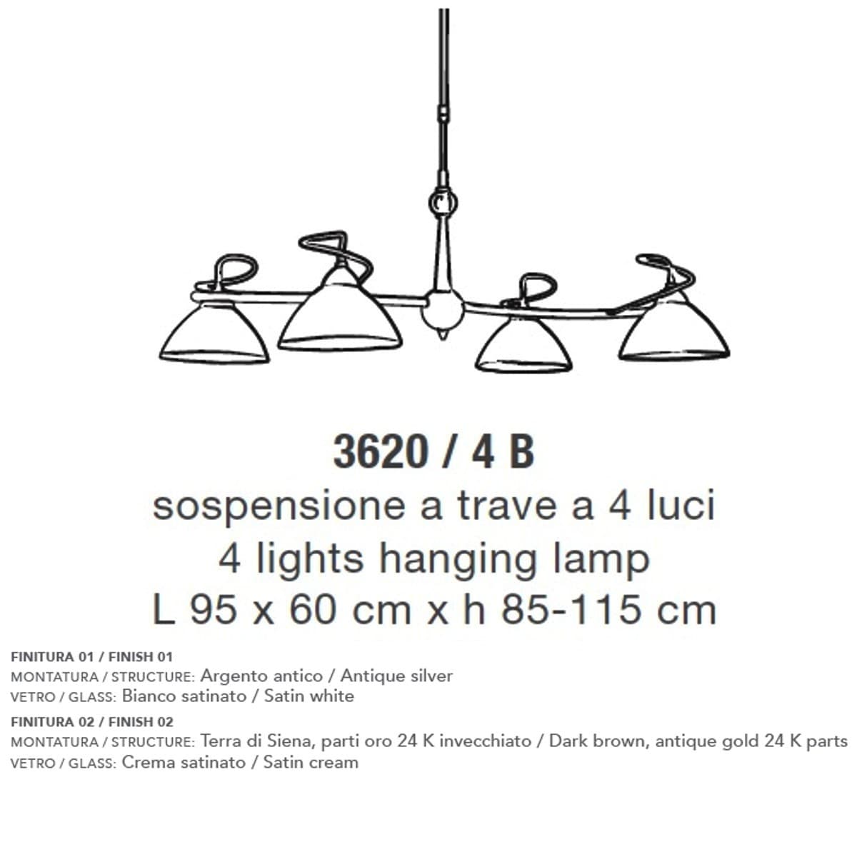 Lampadario classico LAM 3620 4B E14 LED metallo vetro sospensione - 7