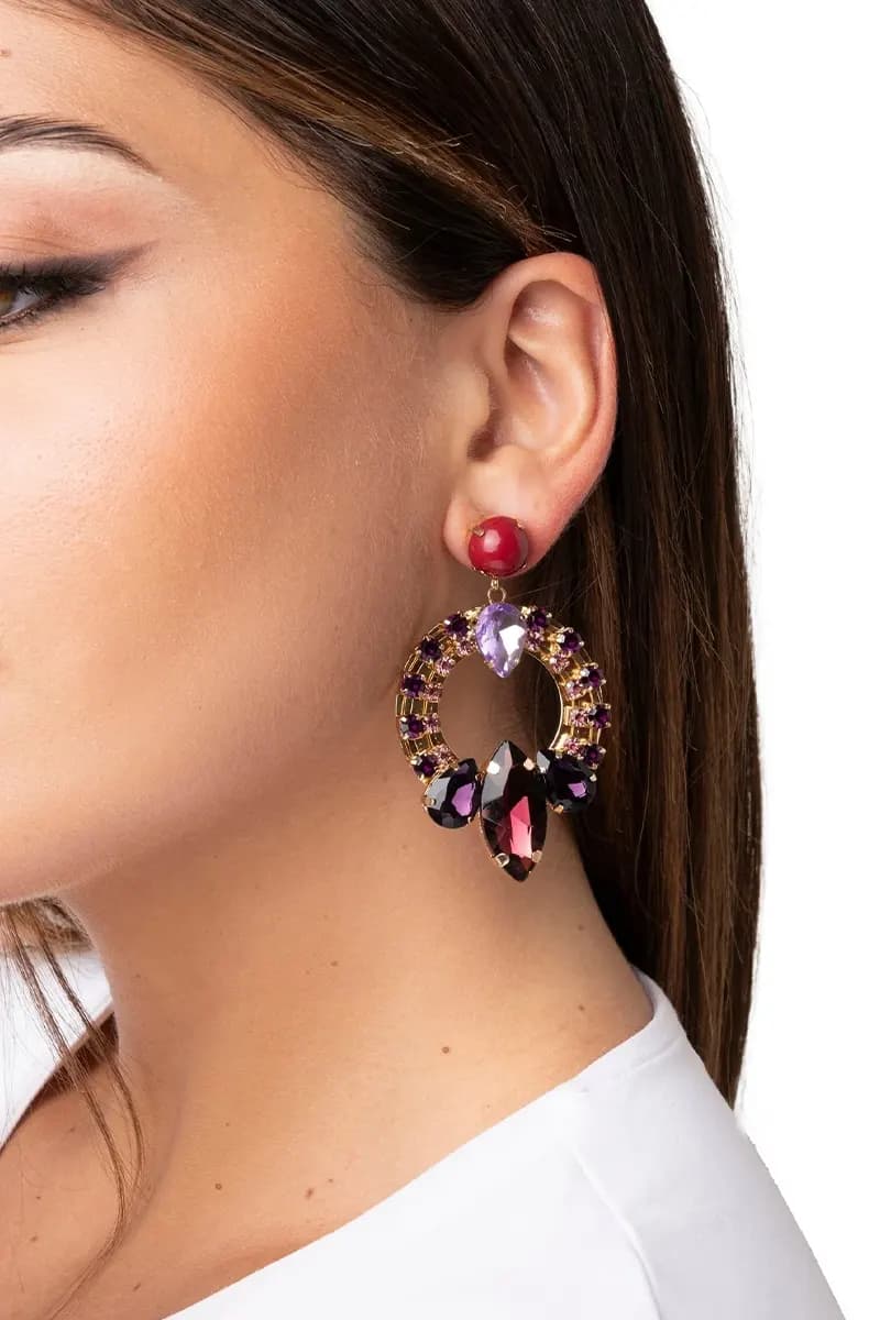 MYA ACCESSORIES | Orecchini pendenti base circolare in metallo con pietre - 3