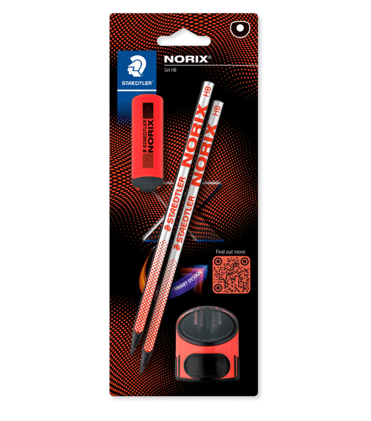 Staedtler - NORIX Blister giallo con 2 matite di grafite HB, 1 gomma e 1 temperino monoforo Rosso (181 SBK2-2)