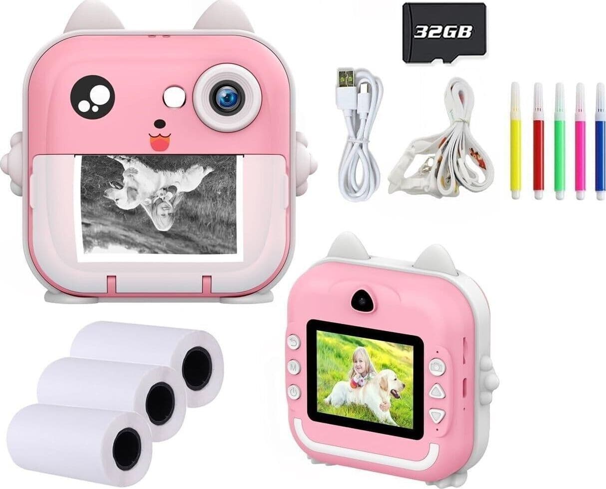 Fotocamera per bambini con stampa istantanea , Macchina fotografica Rosa 32 giga