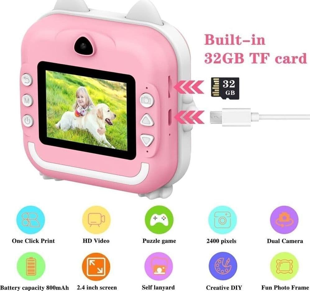 Fotocamera per bambini con stampa istantanea , Macchina fotografica Rosa 32 giga - 3