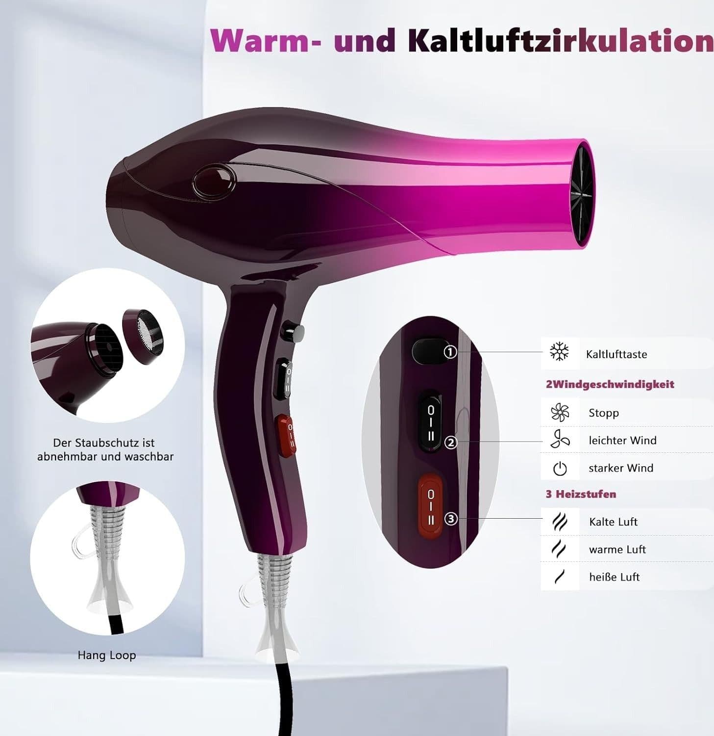 Asciugacapelli Jooayou 3000 W diffusore professionale 3 temperature e 2 velocità - 2