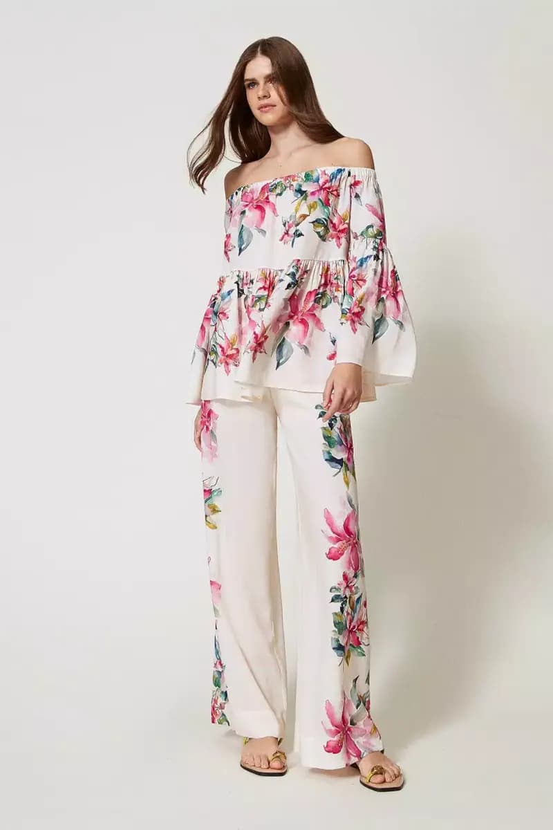 TWINSET | Pantaloni in misto lino con stampa a fiori - 1