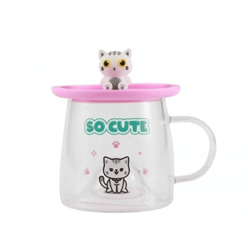 i-Total - Tazza Bicchiere in Vetro con Coperchio in Silicone Gatto Bianco (XL3118) - 2