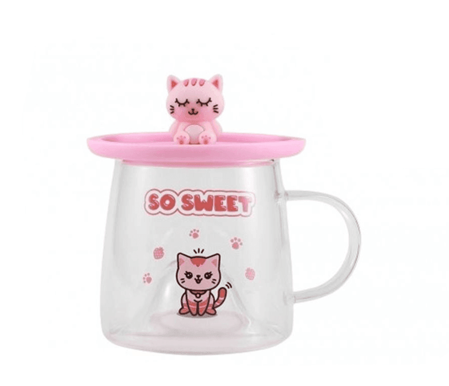 i-Total - Tazza Bicchiere in Vetro con Coperchio in Silicone Gatto Rosa (XL3119) - 2