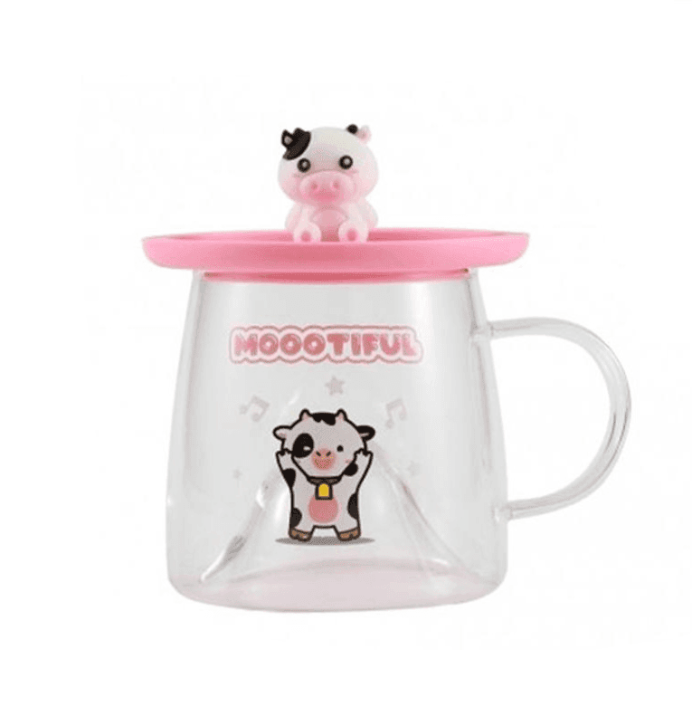 i-Total - Tazza Bicchiere in Vetro con Coperchio in Silicone Mucca Cow (XL3124) - 2