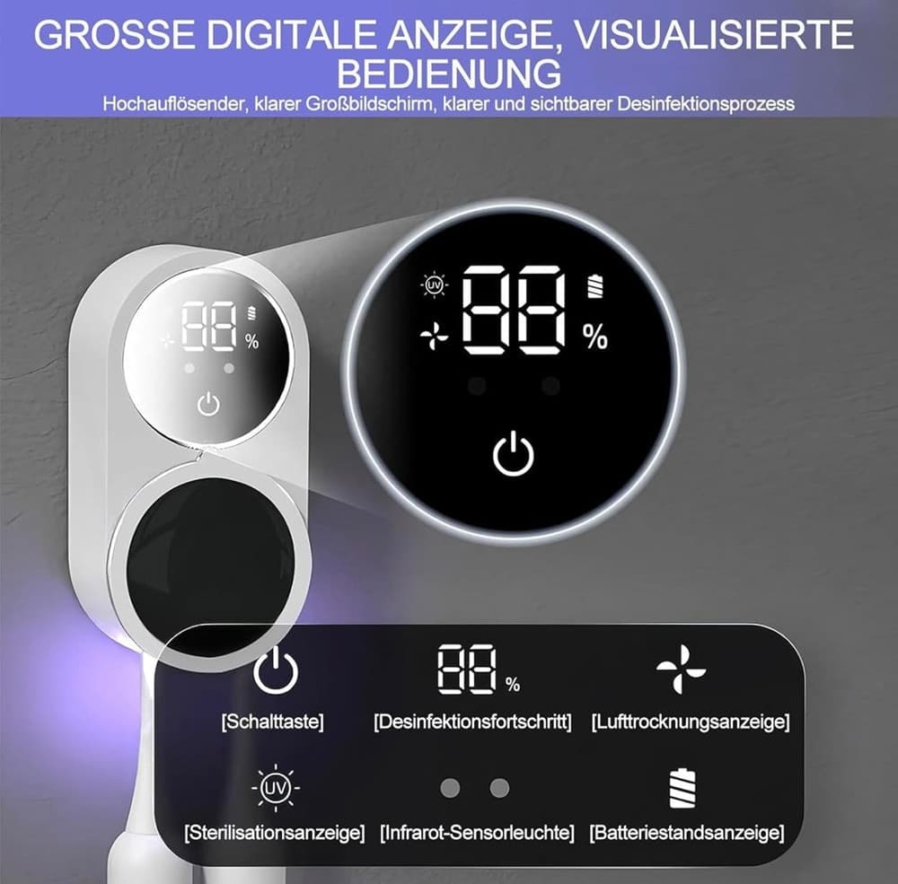 PORTA SPAZZOLINI UV STERILIZZATORE CON SENSORE INFRAROSSI DISPLAY LED USB A PARETE - 2