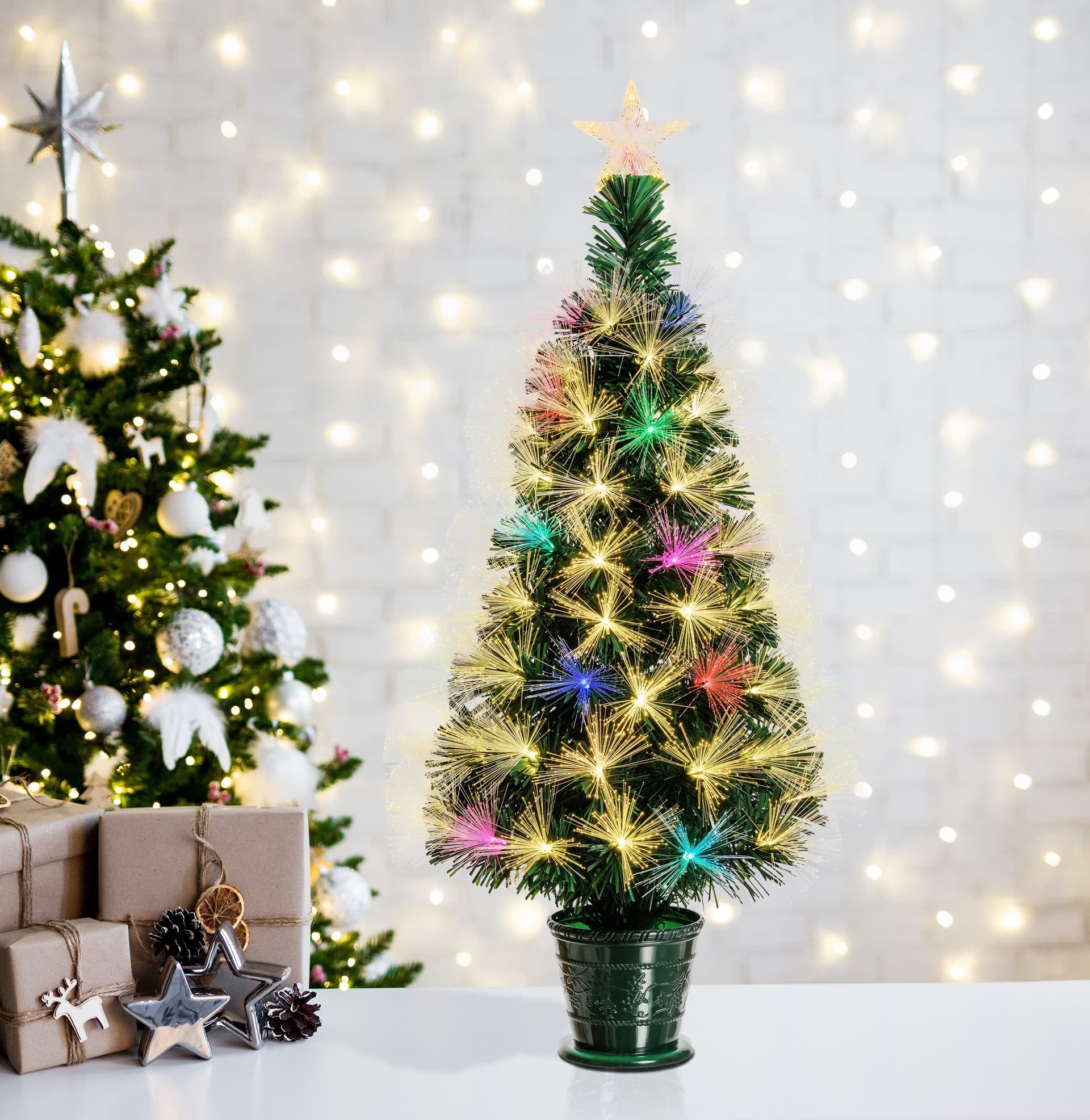 Albero di natale in fibre ottiche bianco caldo e RGB da interno con vaso - 19