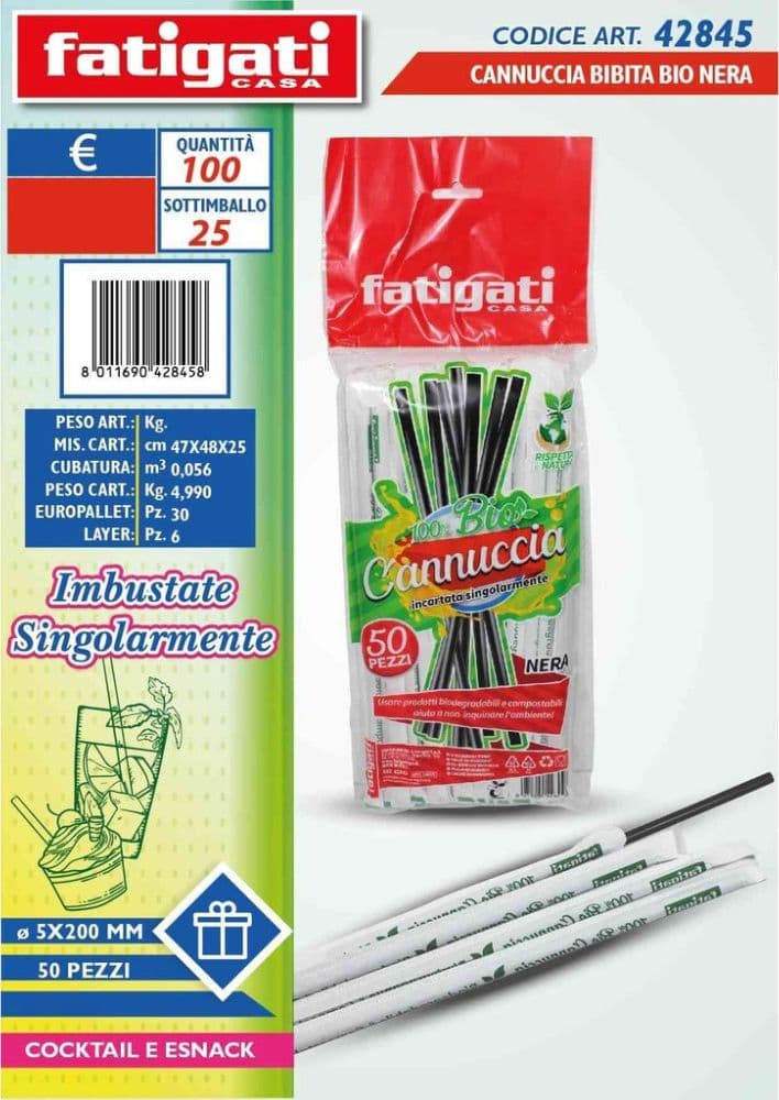 Cannucce bio nere imbustate singolarmente 5x200 mm 50 pezzi cocktail snack - 2