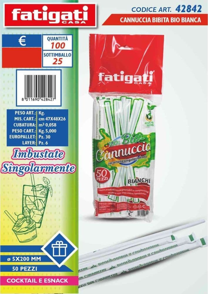 Cannucce bio bianche imbustate singolarmente 5x200 mm 50 pezzi cocktail snack - 2