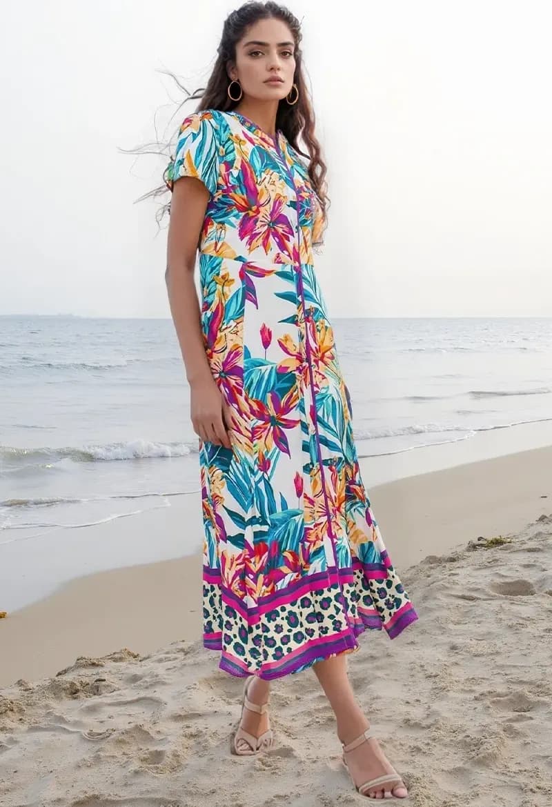 AYFEE | Abito lungo chemisier manica corta tropical print