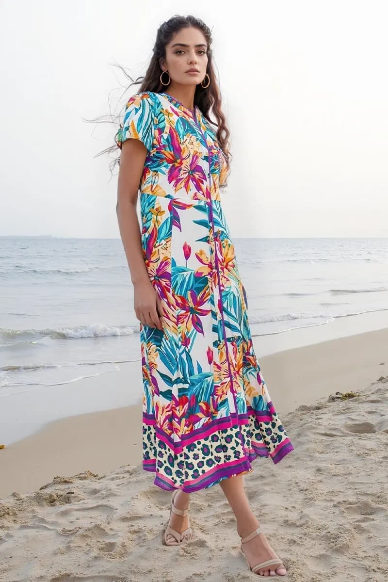 AYFEE | Abito lungo chemisier manica corta tropical print - 3