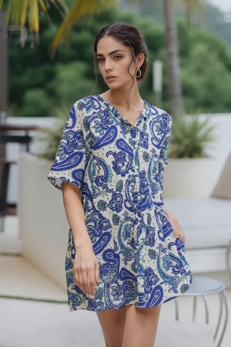 AYFEE | Kaftano chemisier manica corta blue cashemere print - 3