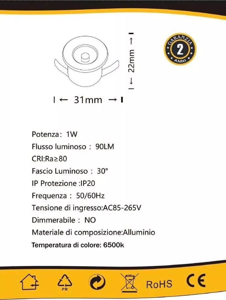Kit 10 Faretti Luce Bianca Faretto Led A Incasso 1 W Trasformatore Silver P31 - 4