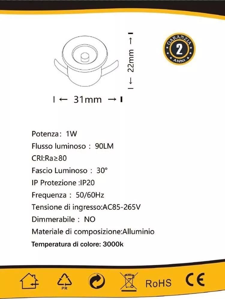 Kit 10 Faretti Luce Calda Faretto Led A Incasso 1 W Trasformatore Silver P31 - 4