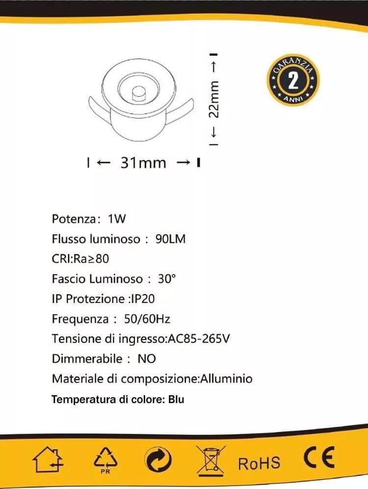 Kit 10 Faretti A Incasso Faretto Led Luce Blu 1 W Bordo Bianco P31 - 4