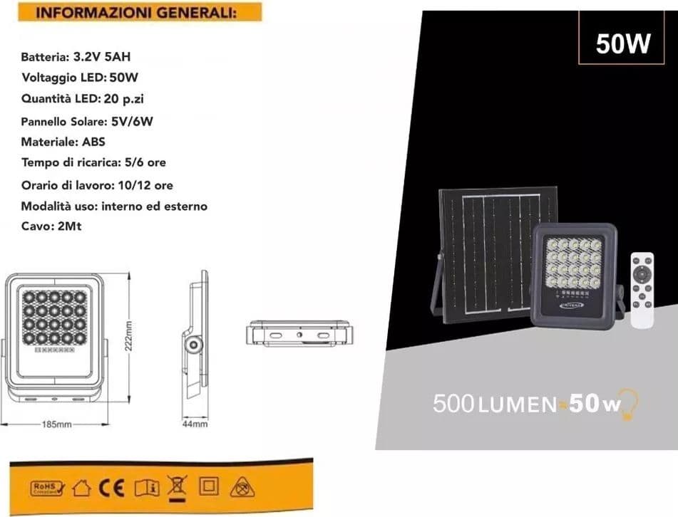 Faro Led Con Pannello Solare 50 W Luce Naturale 4000k Telecomando - 4