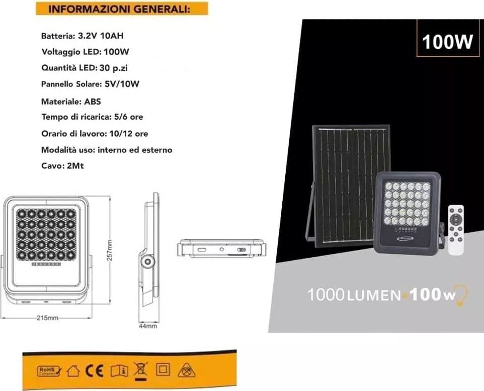 Faro Led Con Pannello Solare 100 Watt Luce Naturale 4000k Telecomando - 4