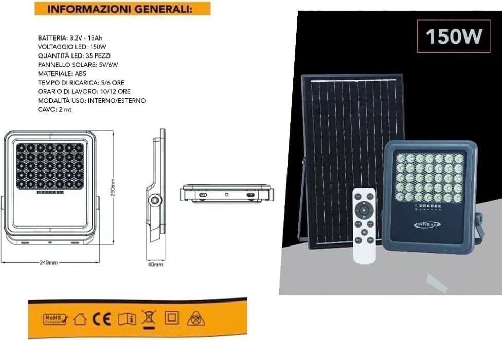 Faro Led Con Pannello Solare 150 Watt Luce Naturale 4000k Telecomando - 4