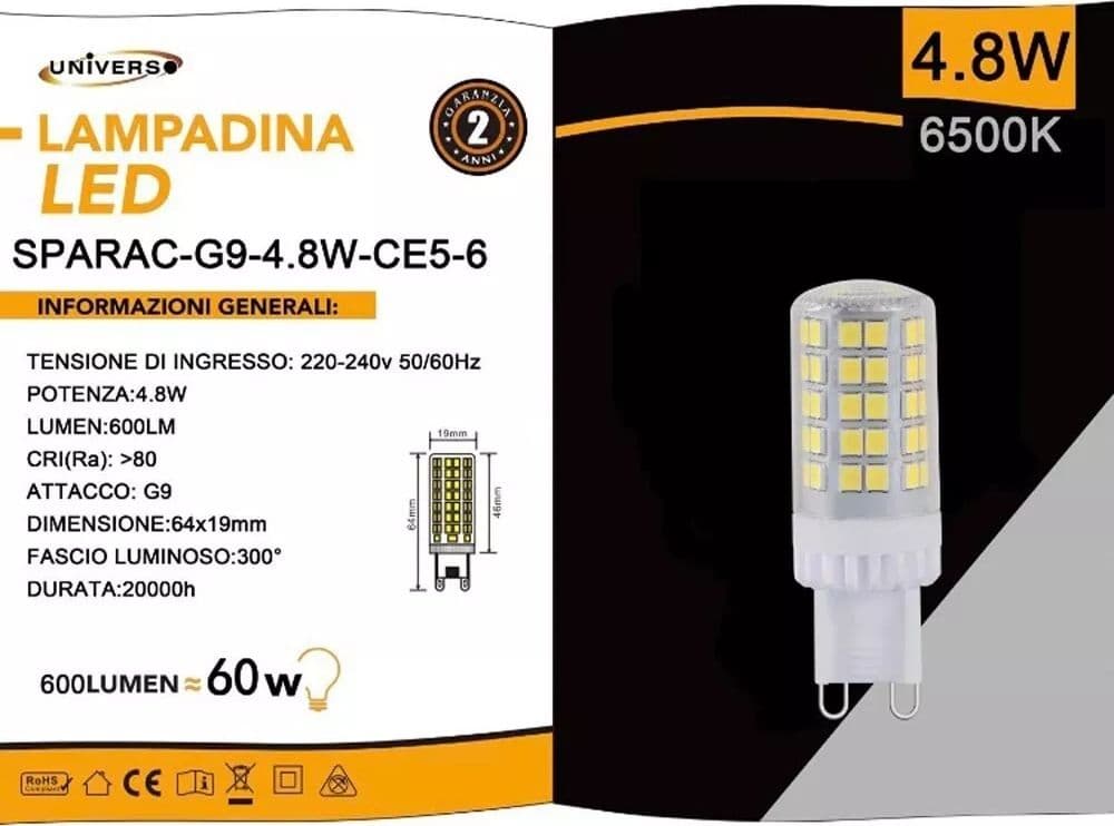 5 Lampadine G9 Lampadina Led 4.8 W = 60 W Luce Bianca Per Lampadario Applique - 4