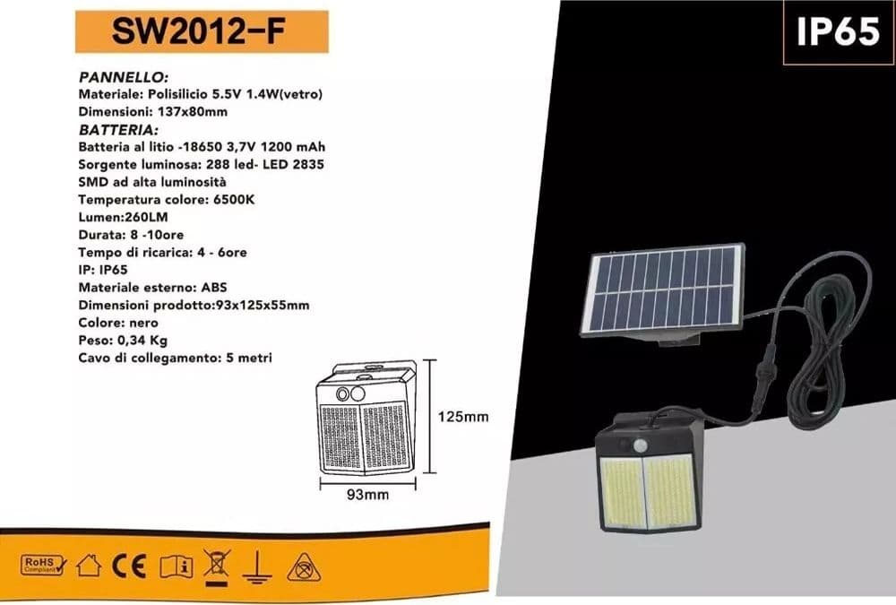 Faretto Con Pannello Solare Sensore Movimento Applique Luce Bianca 6500k Ip65 - 4
