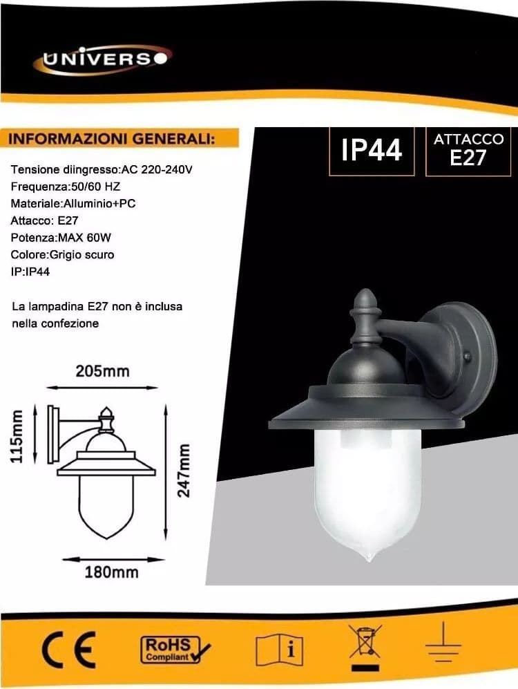Lanterna A Parete Giardino Lampada Da Muro Porta Lampadina E27 B247g - 4