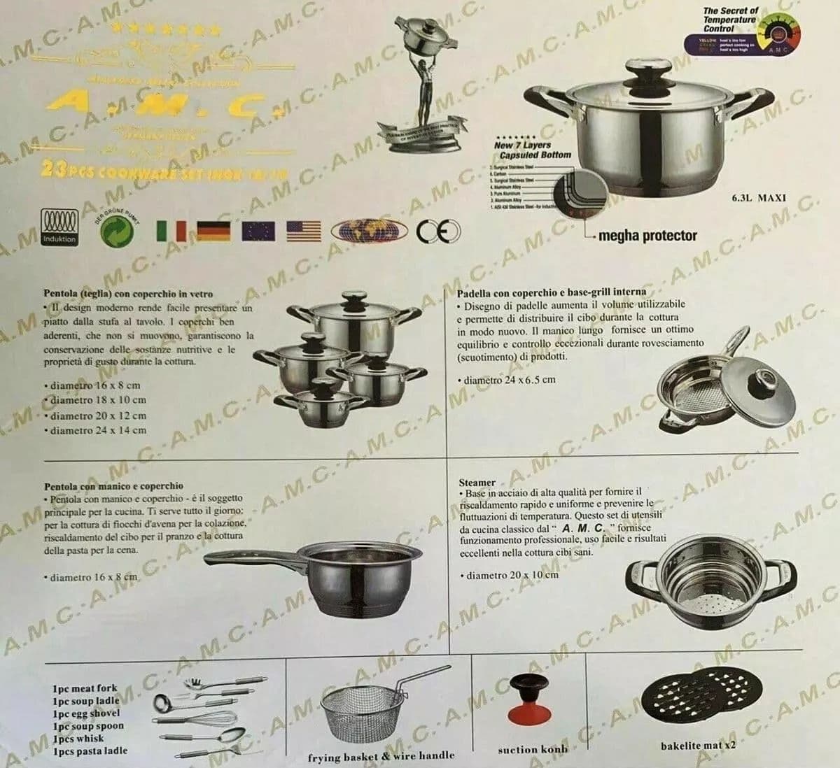 Set Di Pentole Antiaderenti Per Induzione In Acciaio Inox Da 23 Pezzi A.m.c. - 4