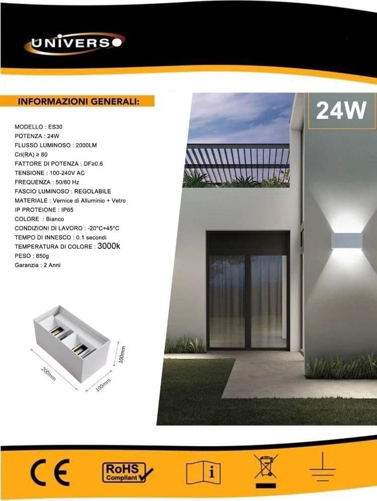 Applique Led Luce Calda Lampada Da Parete Doppia Emissione Faretto 24 W Bianco - 4