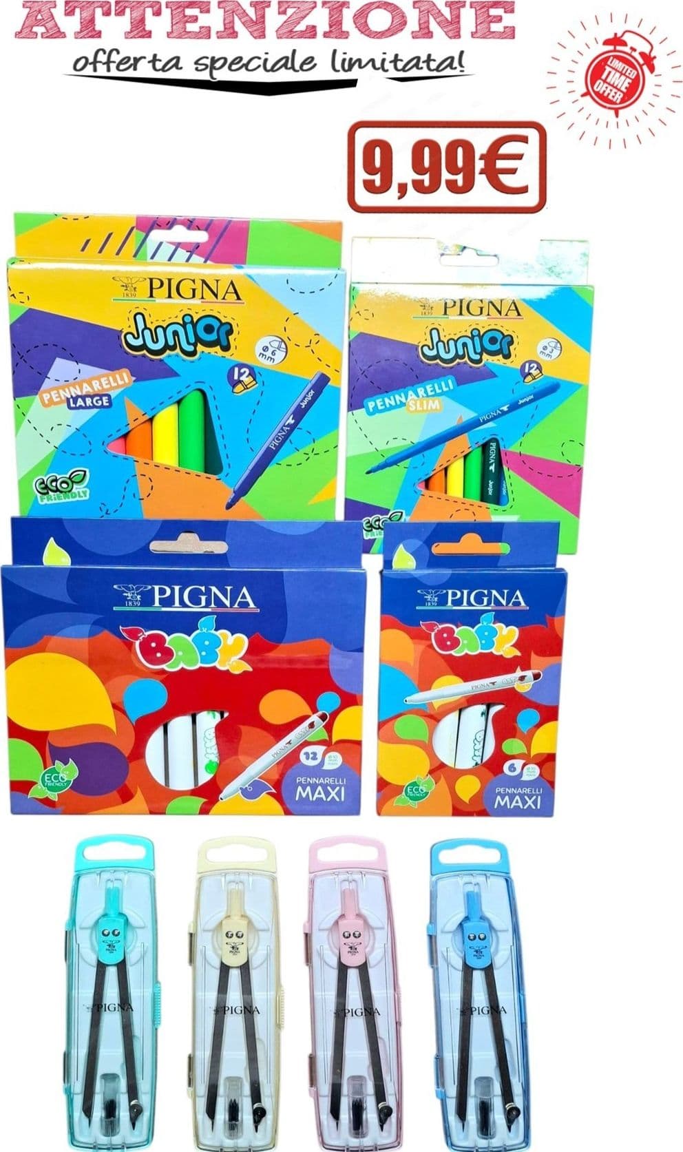 Pigna - Box Pennarelli Maxi baby conf.12+6 e Pennarelli Junior 12 Large e 12 Slim + 1 Compasso colore casuale.