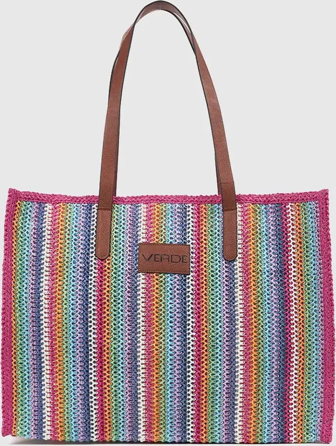 VERDE FASHION | Borsa mare in paglia a righe multicolor - 5