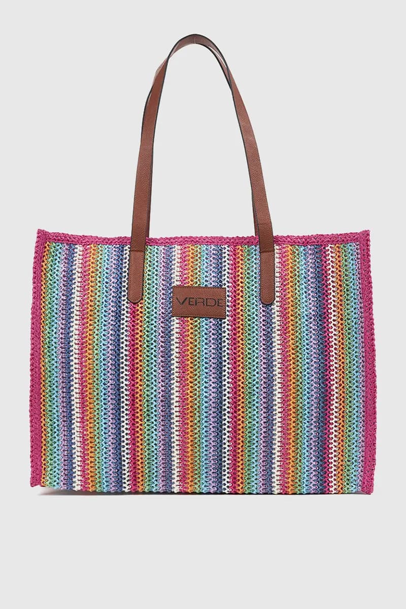 VERDE FASHION | Borsa mare in paglia a righe multicolor - 5