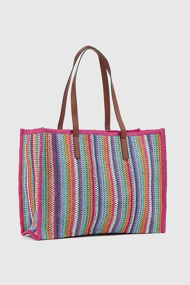 VERDE FASHION | Borsa mare in paglia a righe multicolor - 2