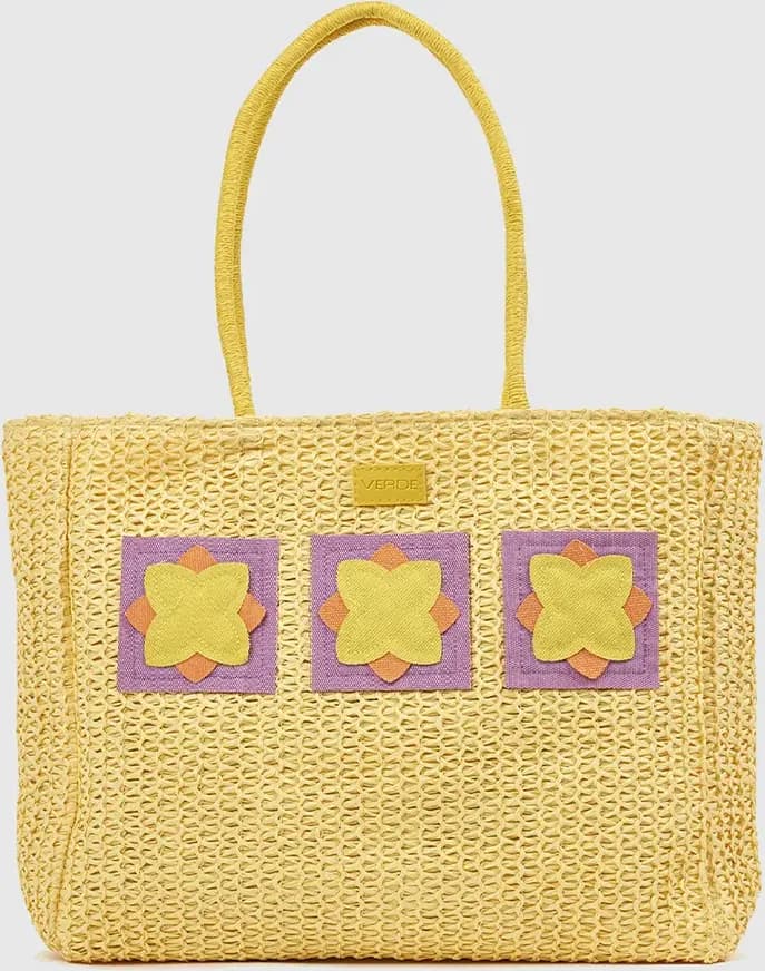 VERDE FASHION | Borsa mare in paglia con applicazioni – Giallo