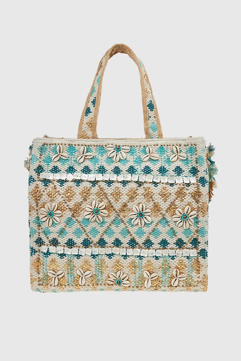 VERDE FASHION | Borsa mare in cotone con ricami e conchiglie - 10