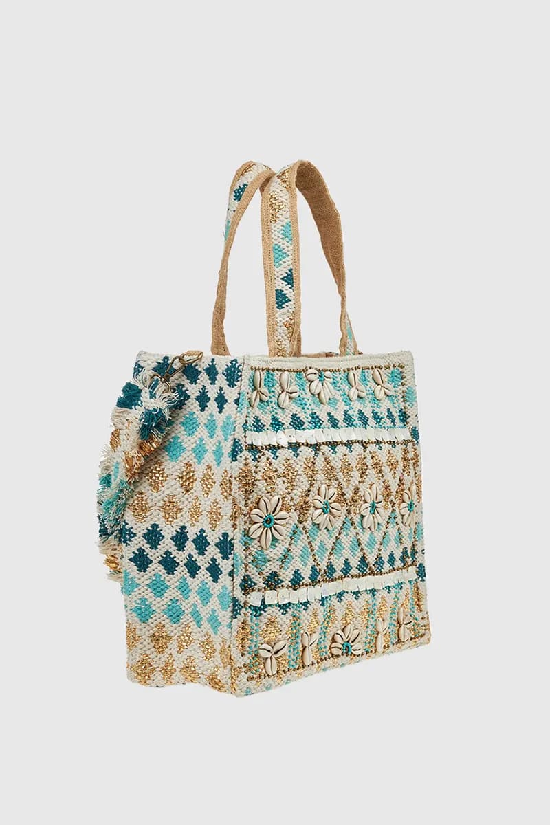VERDE FASHION | Borsa mare in cotone con ricami e conchiglie - 3