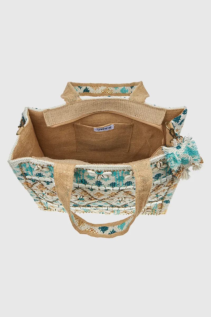 VERDE FASHION | Borsa mare in cotone con ricami e conchiglie - 4