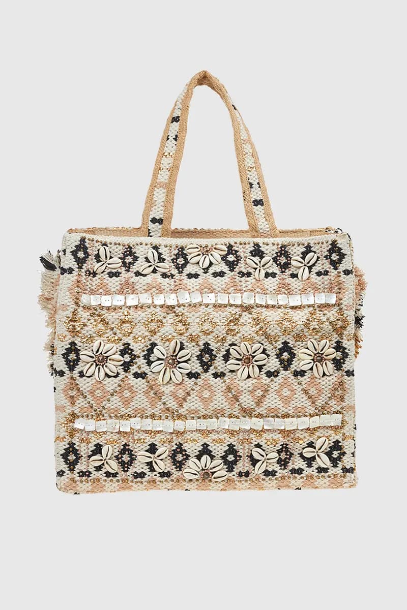 VERDE FASHION | Borsa mare in cotone con ricami e conchiglie - 5