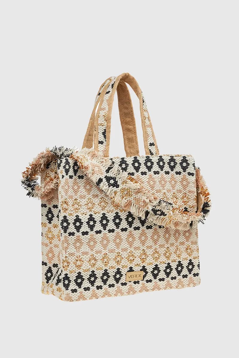 VERDE FASHION | Borsa mare in cotone con ricami e conchiglie - 6