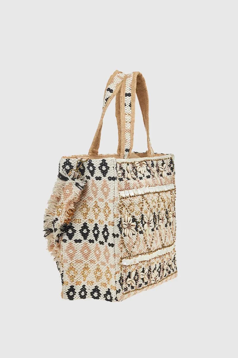 VERDE FASHION | Borsa mare in cotone con ricami e conchiglie - 7