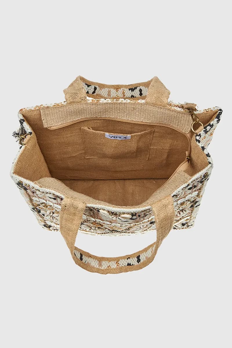 VERDE FASHION | Borsa mare in cotone con ricami e conchiglie - 8